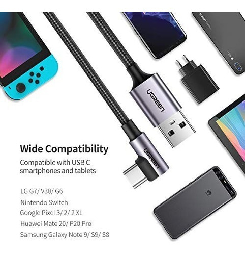 Imagen 5 de 8 de Ugreen Cable Usb Tipo C 90 Grados, Usb C Cable Codo Nylon 2m