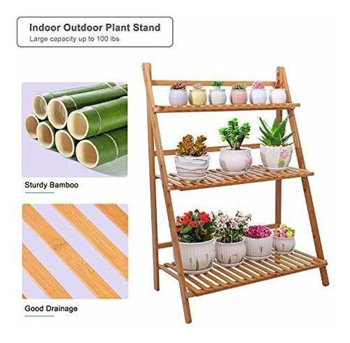 Imagen 5 de 6 de Ufine Bambú Escalera Planta Soporte Plegable De 3 Gradas Tie