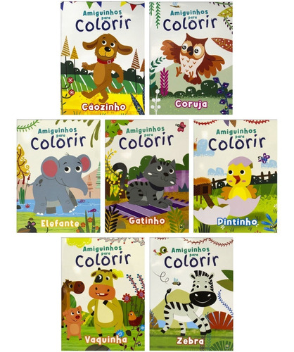 Coleção Infantil 7 Livros De Animais Amiguinhos Para Colorir