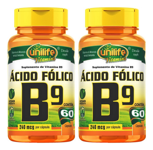 Kit 02 Vitamina B9  Ácido Fólico 500mg  60 Cápsulas  Unilife