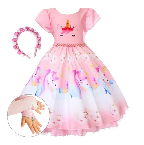 Vestido Unic rnio Encantado Rosa Festa Infantil Luxo Tiara Frete