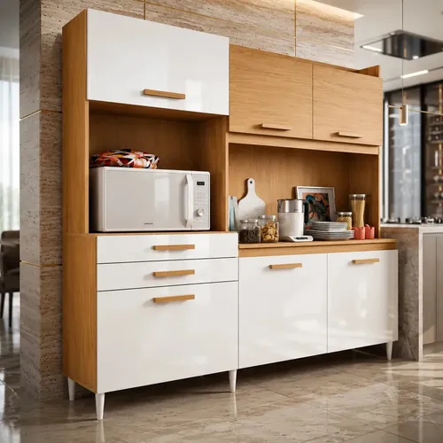 Kit Armário Cozinha Gaveteiro Organizador Selena 180 Completa 6 Portas 2 Gavetas Cinamomo Branco  Compacta Moderna
