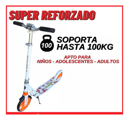 Monopatín Plegable Blanco Aluminio Súper Reforzado Ruedas Grandes 20cm Base Antideslizante Amortiguación Delantera Freno Chapa Resistente Manubrio Ajustable Soporta Hasta 100kg Ideal Adultos Niños