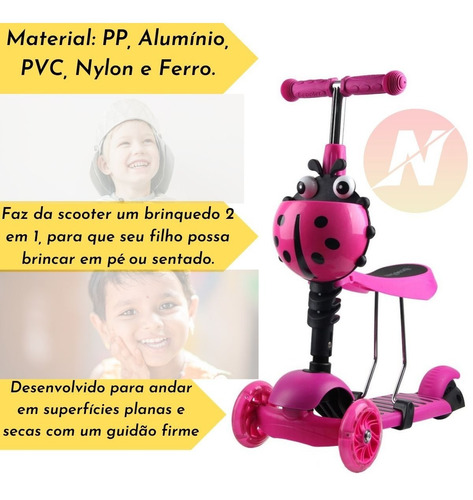 Imagem 4 de 7 de Patinete Infantil Com Assento Removível De Joaninha Com Luz