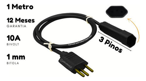 Imagem 4 de 6 de Extensão Elétrica Bivolt Preto Profissional 1 Metro