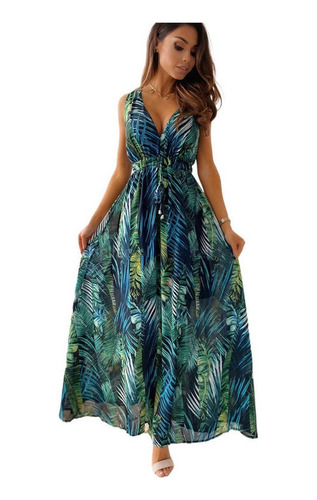 Vestido Largo Casual Hawaiano Con Tirantes Sexy Para Pla [u]