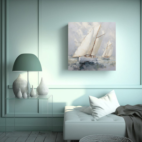 40x40cm Cuadro Moderno Barcos Blancos Con Vela Bastidor Made