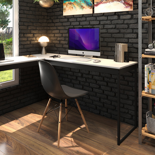 Mesa De Canto Em L Branco Com Ripas Preto Para Home Office/ Escritório Estrutura Em Ferro E Design Industrial