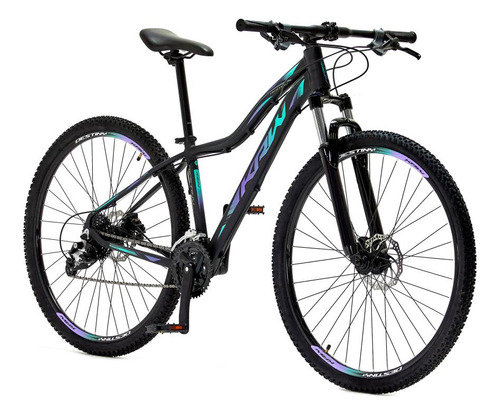 Bicicleta Aro 29 Krw Destiny Alumínio 27v Com Trava Sx54 Cor Preto/lilas E Turquesa