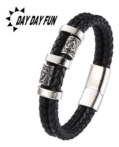 Pulsera De Cuero Trenzado Multicapa Para Hombre Nordic Vikin