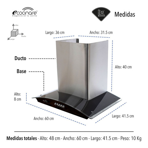 Imagen 3 de 9 de Campana De Cocina 60cm Para Pared Extractora Y Purificadora