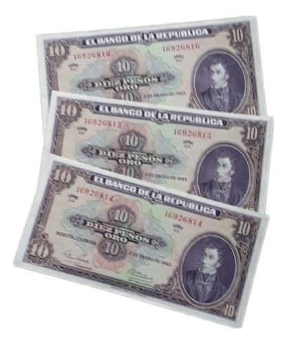 Colombia Trio Cosecutivos 10 Pesos Oro 1963 Unc
