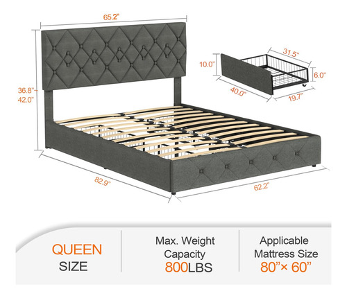 Base De Cama Queen Con 4 Cajones De Almacenamiento, Cabecera