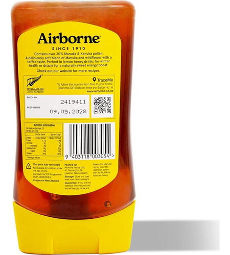 Miel De Manuka Multifloral Airborne 30+ 500 G Cruda Y Pura