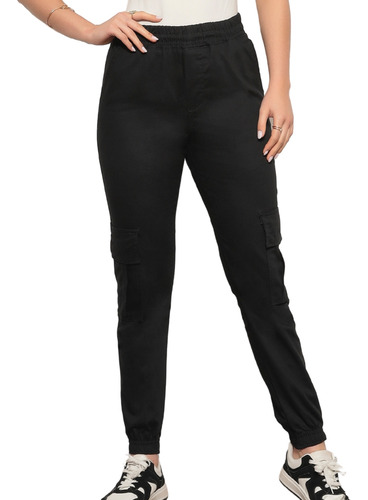 Calça Feminina Sarja Cargo Jogger Com Elástico Cintura
