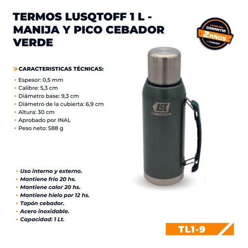 Termo 1 Litro Acero Inoxidable Lusqtoff Frio Y Calor Militar Color Verde