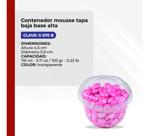 Contenedor Para Postre Con Tapa Baja 110ml 6x5cm 100 Piezas Transparente