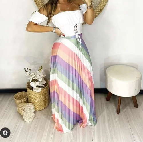 Imagem 4 de 10 de Kit 6 Saia Longa Midi Plissada Estampada Evangélica Elegant