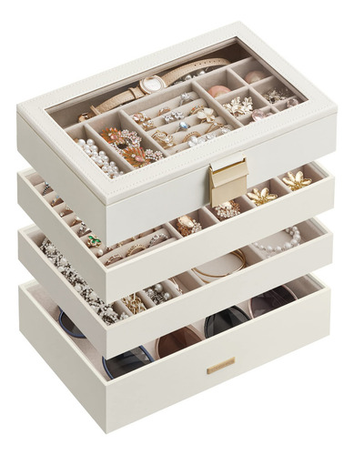 Songmics Caja Joyero Con 4 Bandejas Apilables, Caja De Joyas Grande, Tapa De Cristal Transparente, 17 X 28 X 18,3 Cm, Para Cajón De Tocador, Idea De , Blanco Mjbc164w01