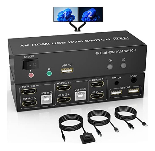 Switch Kvm De Doble Monitor Hdmi 2 Puertos, 4k@60hz Switch