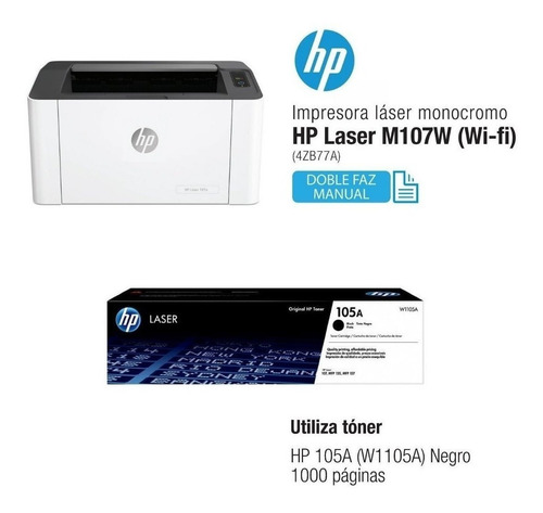 Imagen 2 de 8 de Impresora Laser Hp 107w Monocromatica Usb Wifi Oficina
