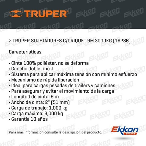Imagen 2 de 8 de Cinta De Amarre Zuncho Truper C/ Crique 9 Metros 3000 Kg