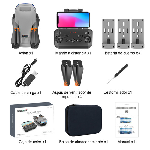 Mini drone Axnen 4K XT9 3 Battery con dual cámara HD 2.4GHz 3 baterías Gris