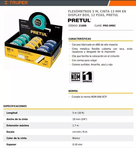 FLEXÓMETRO/CINTA MÉTRICA DE 5 METROS PRETUL