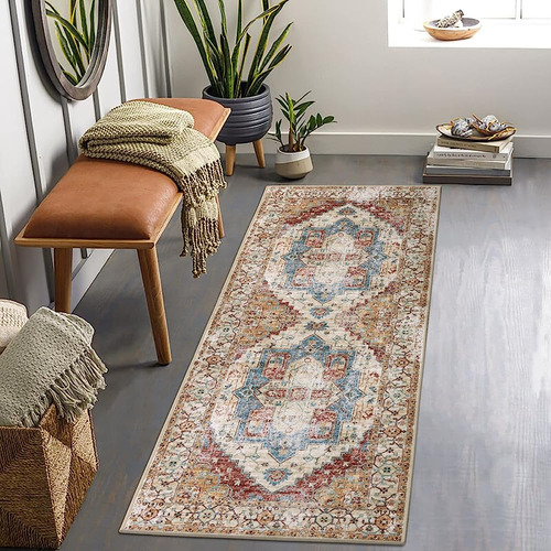 Lanffia Boho Rug Runner 2x5 Lavable Persian Hallway Runner R