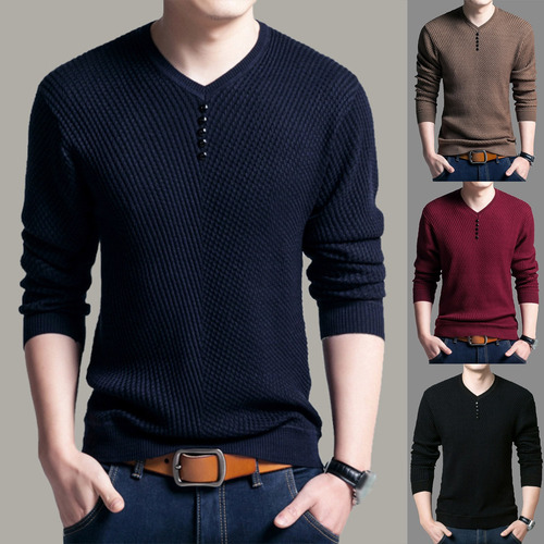 Suéter De Hombre De Color Liso Con Cuello En O De Base Delga