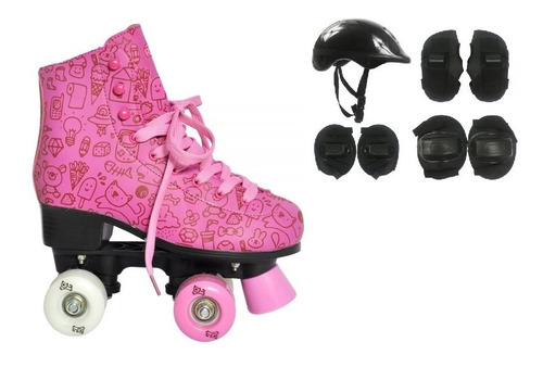 Patins Infantil Meninas 4 Rodas Kit De Proteção Capacete