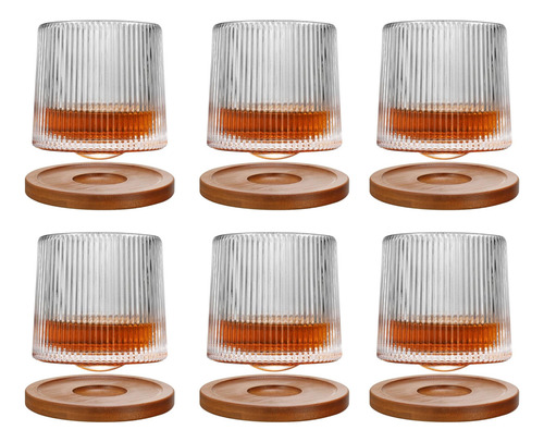 Pack 6 Vasos Whisky Giratorios Labrados C/base En Madera