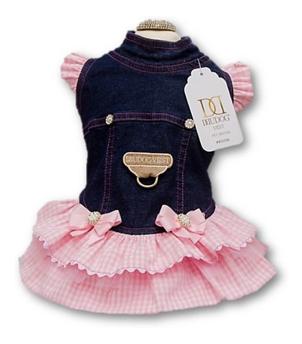 Imagem 4 de 4 de Roupa Roupinha Pet Cachorro Vestido Jeans Xadrez Rosa Dudog