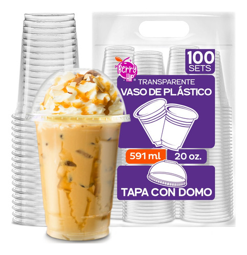 100 Vasos Desechables De Plástico Con Tapa Tipo Domo 20 Oz