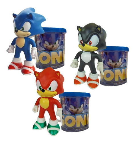 Sonic Azul, Preto E Vermelho - Kit Com 3 Bonecos + Canecas