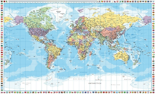 Mapa Mundi Politico 100x60cm Con Borde Banderas Adhesivo