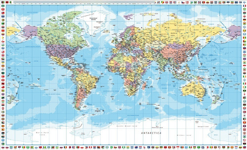 Mapa Mundi Politico 150x90cm Con Borde Banderas Tela Pvc