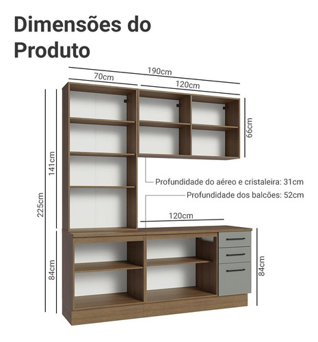 Armário Cozinha Compacta 190cm Cristaleira Agata Madesa 01 Cor Rustic/Cinza