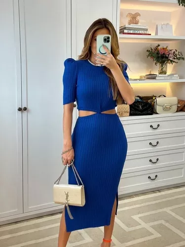 Vestido Manga Curta Midi Tricot Cintura Fina Justo Inspiraçã