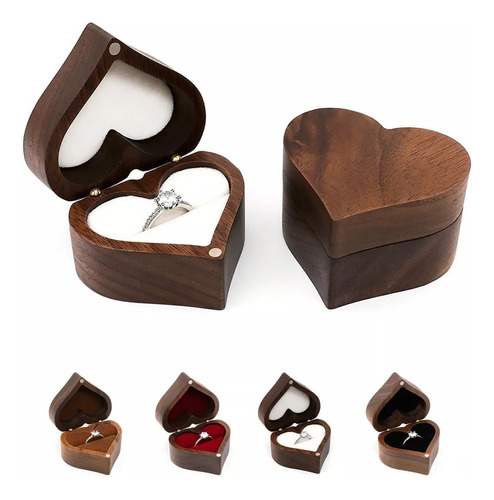 Caja Corazón De Madera Nogal Para Anillos De Boda Compromiso