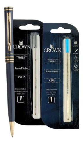 Kit Caneta Crown Metal Veneto Esferográfica Azul + 2 Cargas