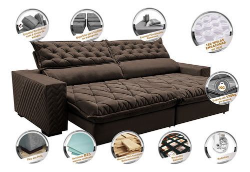 Sofá Retrátil e Reclinável com Molas Ensacadas Cama inBox Gold 2,12m Tecido Suede Velusoft Café