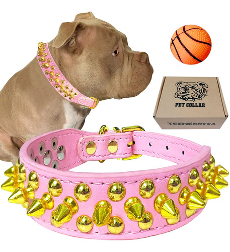 Collar Para Perro Teemerryca De Piel Rosa Con Tachuelas Dora