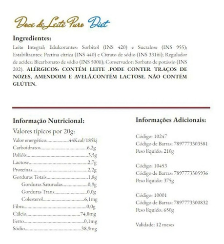 Imagem 2 de 3 de 12x Doce De Leite Diet São Lourenço 650g
