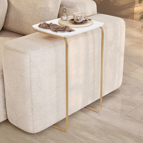 Mesa Ultraflex Lateral Aproximação Sofá Branca Base Dourada Cor Tampo Branco Base Dourada
