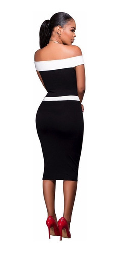 Imagen 3 de 7 de Vestido Fashion Estilo Fourreau Cuello Bandeja Negro/blanco
