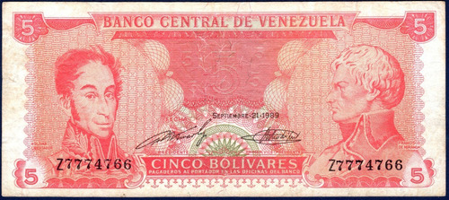 Billete 5 Bolívares Z7 Septiembre 21 1989 Bolívar Y Miranda