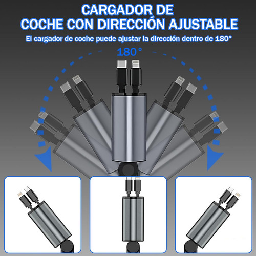 4 En 1 cargador retráctil de coche de carga rápida de 120w cargador carga rapida gris oscuro cables 80cm Vone usb-c color negro