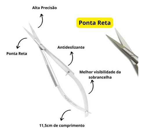 Tesoura Sobrancelha Reta Design Ponta Fina Aço Inox Precisão