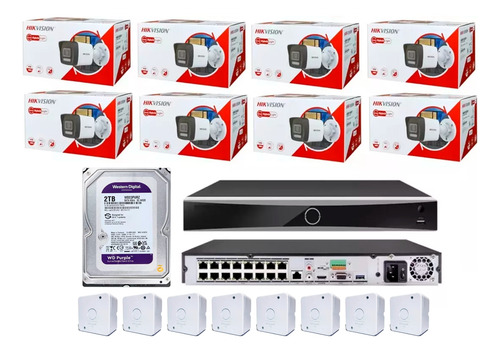 Kit Nvr 16 Ch Hikvision Acusense+ 12 Cameras Ip Áudio+ Hd 2t